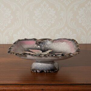 Vintage Mid Century Ceramic Bird Pedestal Dish Pink Splatter Gold Trim Regency